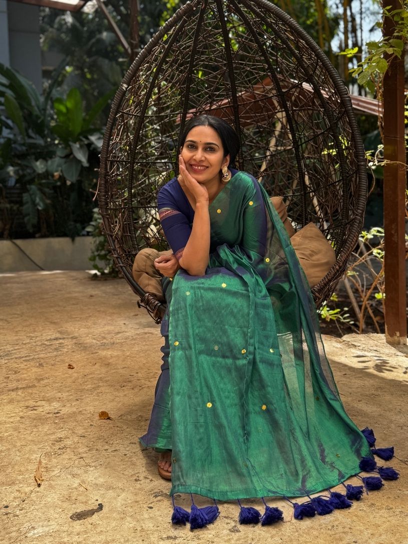 Peacock Blue tissue cotton Saree with Gold Gini Work
