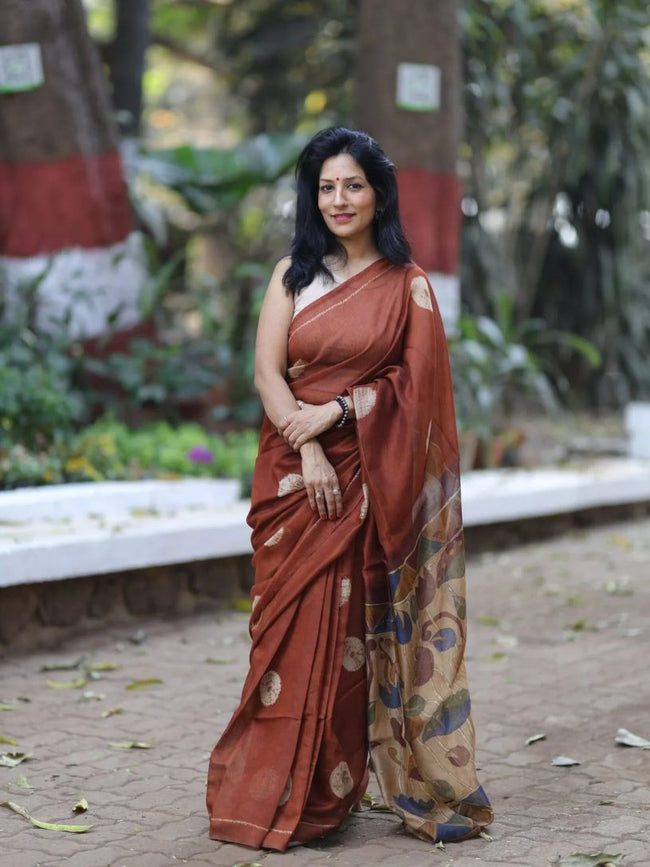 Brown Semi Linen Saree with Kalamkari Pallu Hover Image