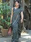 Dark Green Semi Linen Saree with Vertical Stripes