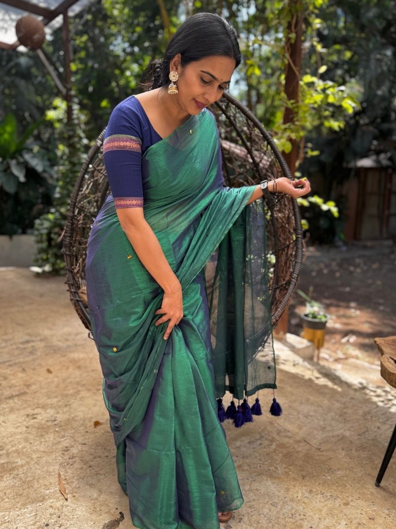 Peacock Blue tissue cotton Saree with Gold Gini Work