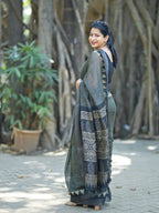 Dark Green Semi Linen Saree with Vertical Stripes