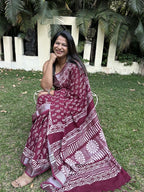 Maroon Pure Cotton Hand block Printed Formal Saree