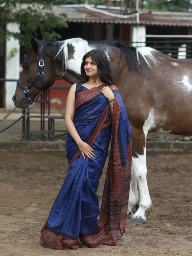 Blue Semi Linen Saree with Brown Ajrakh Pallu Hover Image