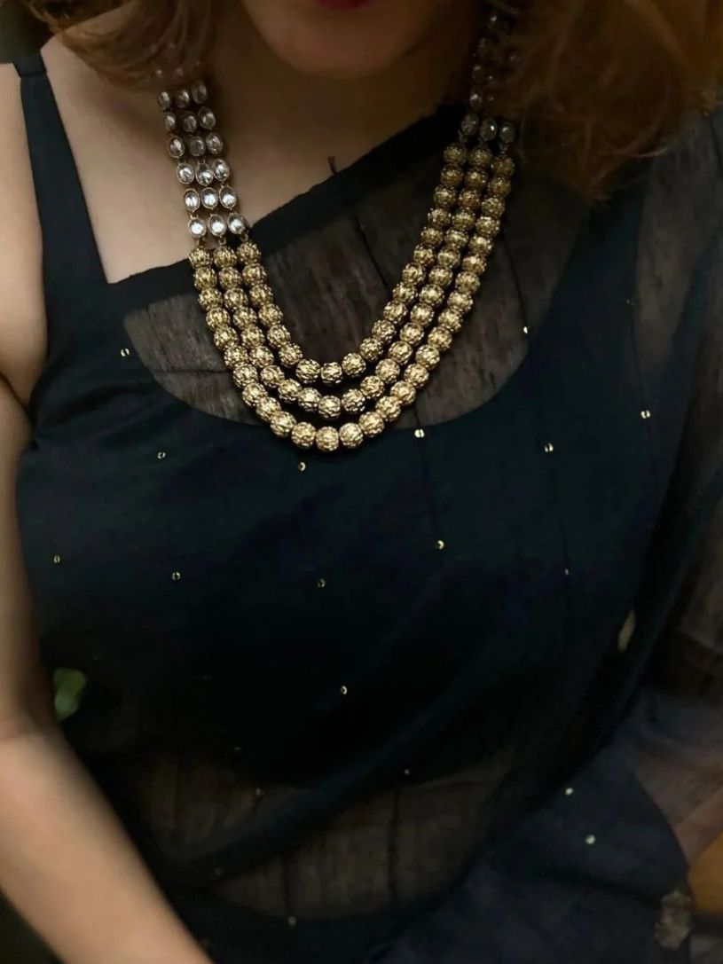 Classic Black Viscose Resham Saree With Gold Sequin Work & Organza Pallu