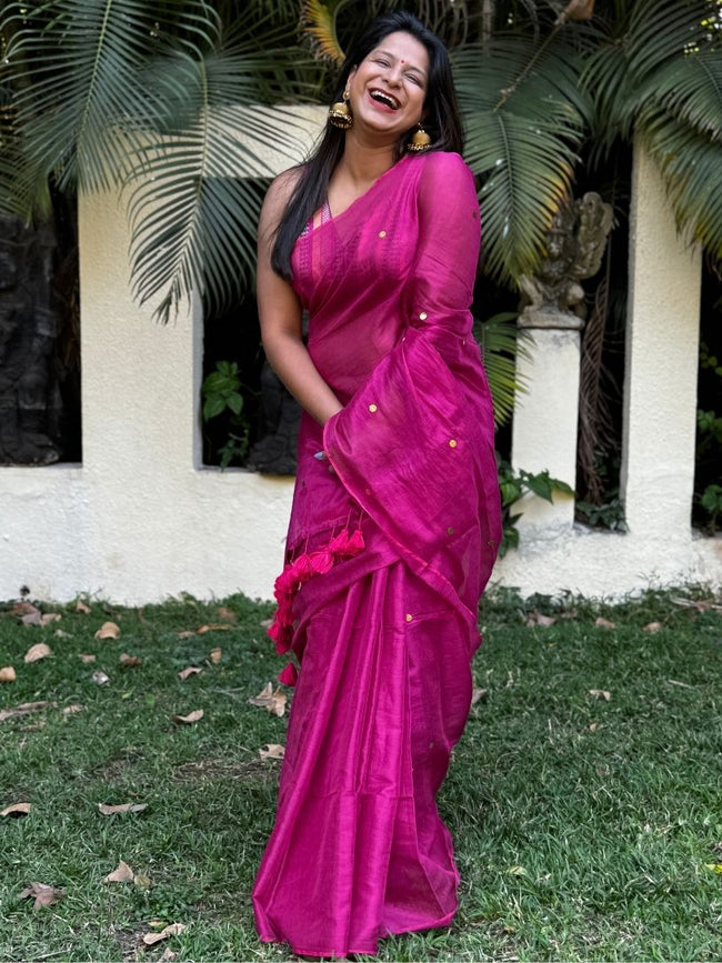 Pink tissue cotton Saree with Gold Gini Work Hover Image