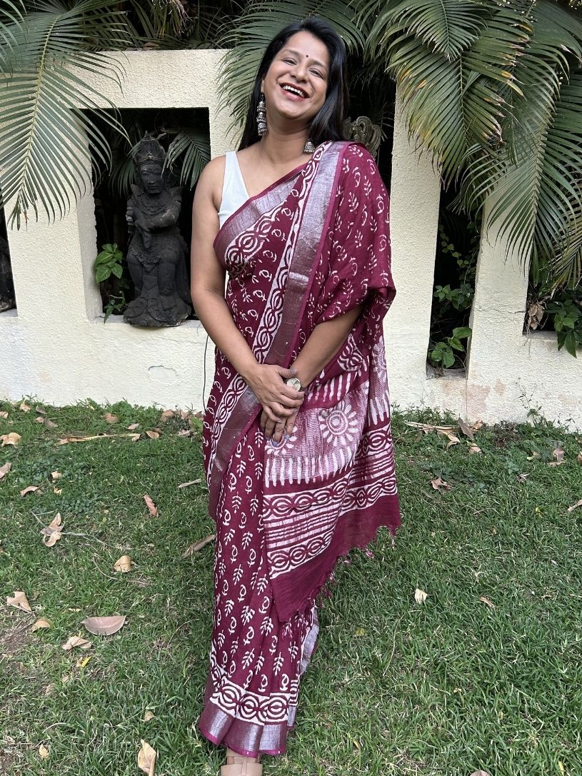 Maroon Pure Cotton Hand block Printed Formal Saree