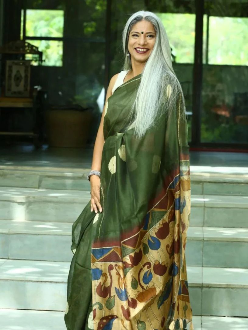 Dark Green Semi Linen Saree with Kalamkari Pallu