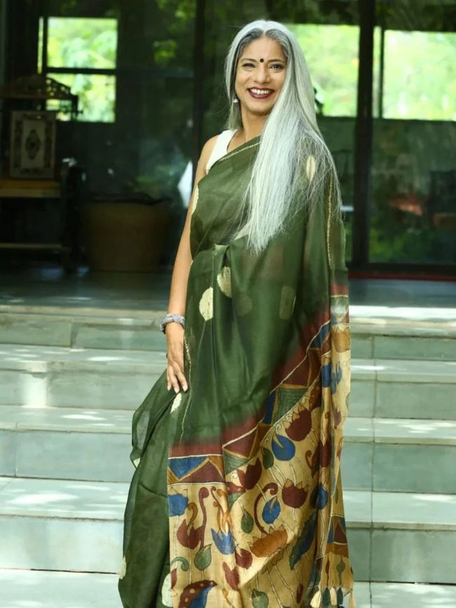 Dark Green Semi Linen Saree with Kalamkari Pallu Hover Image
