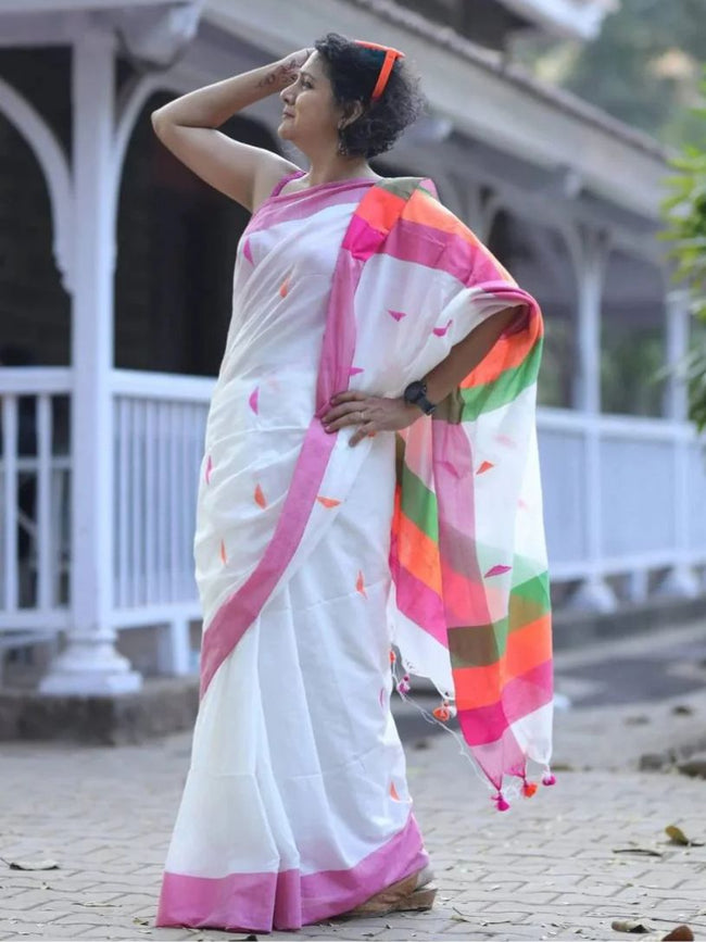 White Soft Cotton Barfi Butta Saree Hover Image