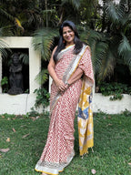 Cream, Maroon & Yellow  Handblock Printed Pure Cotton Formal Saree