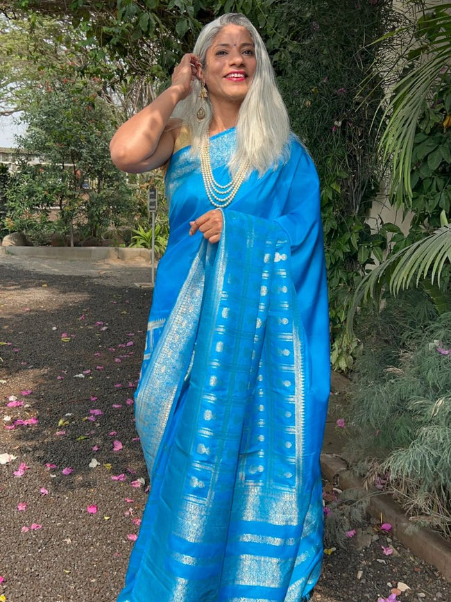Royal Blue Silk saree with zari border Hover Image