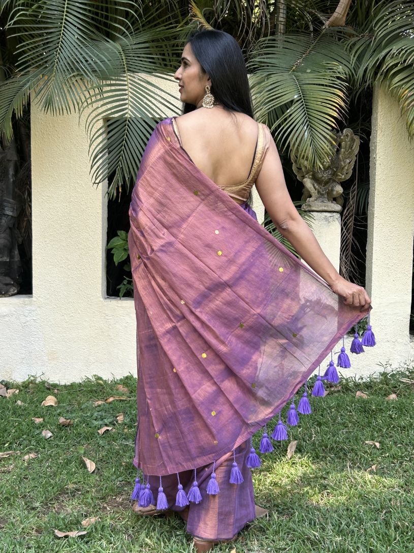 Lavender tissue cotton Saree with Gold Gini Work