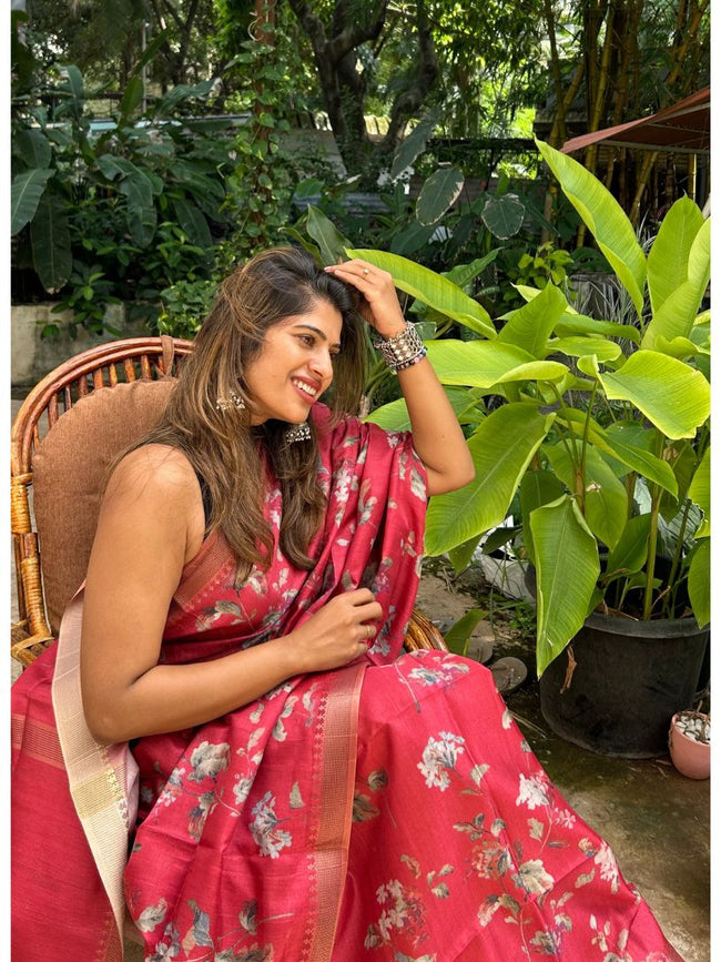 Ruby Red Soft Tussar Silk Saree Hover Image