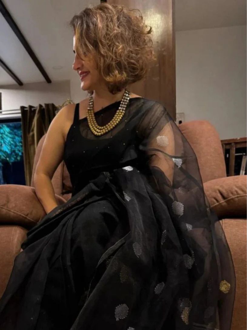 Classic Black Viscose Resham Saree With Gold Sequin Work & Organza Pallu