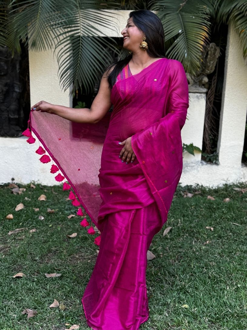 Pink tissue cotton Saree with Gold Gini Work