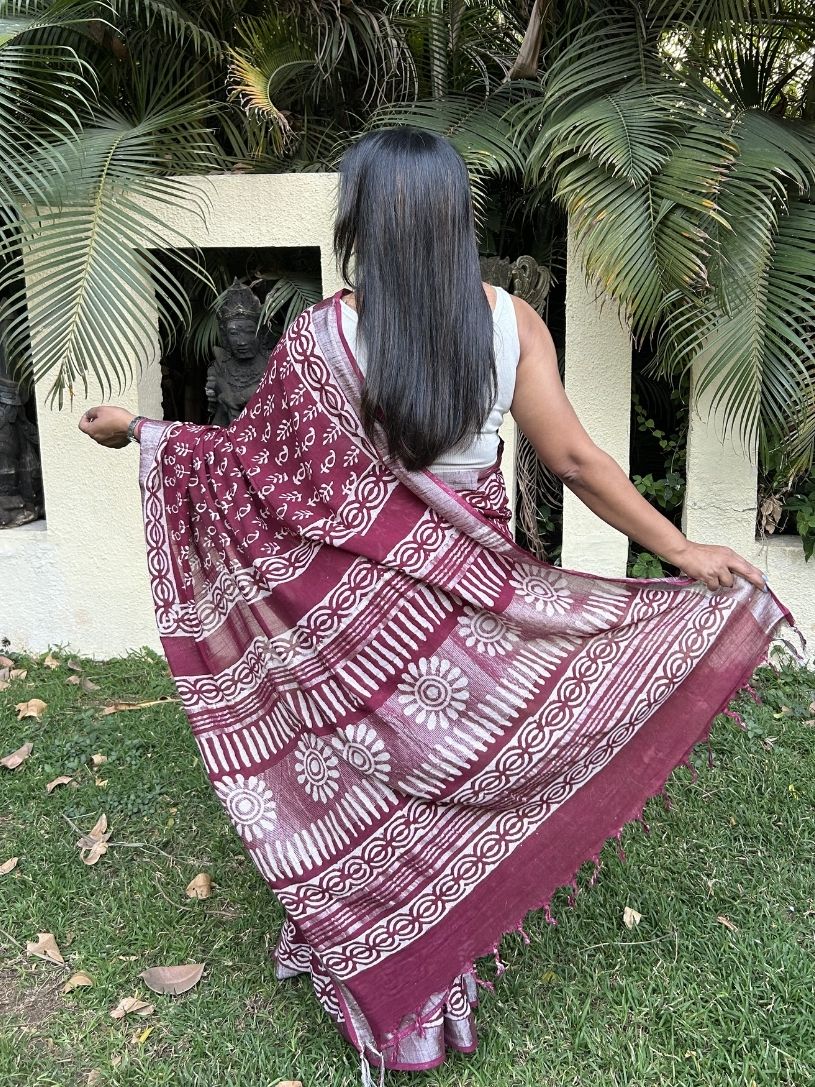 Maroon Pure Cotton Hand block Printed Formal Saree
