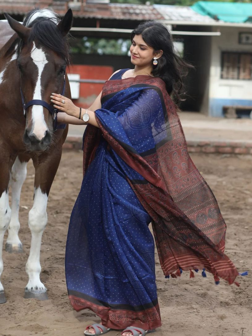 Blue Semi Linen Saree with Brown Ajrakh Pallu