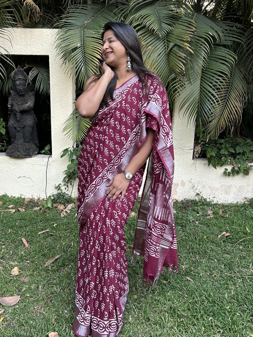 Maroon Pure Cotton Hand block Printed Formal Saree