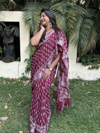 Maroon Pure Cotton Hand block Printed Formal Saree