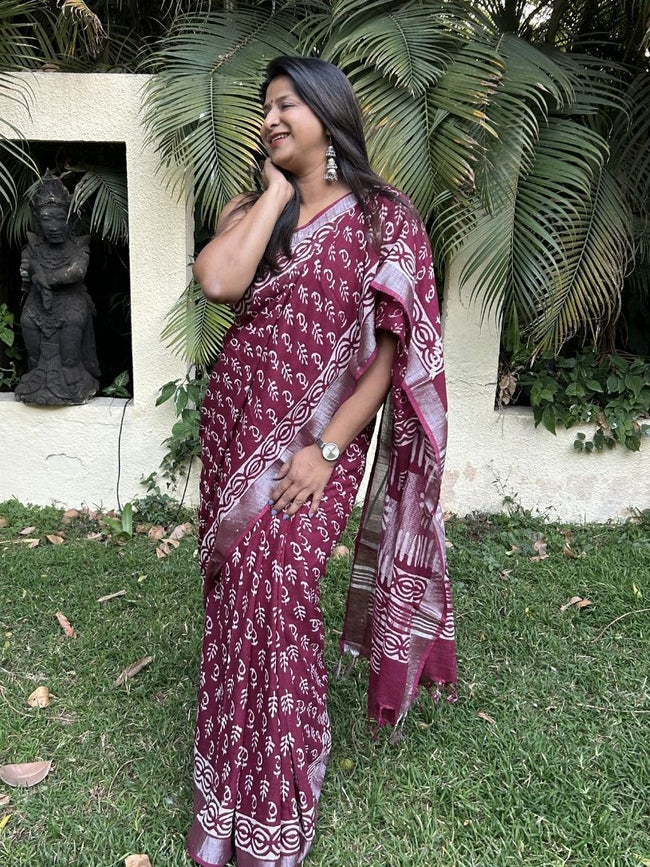 Maroon Pure Cotton Hand block Printed Formal Saree Hover Image
