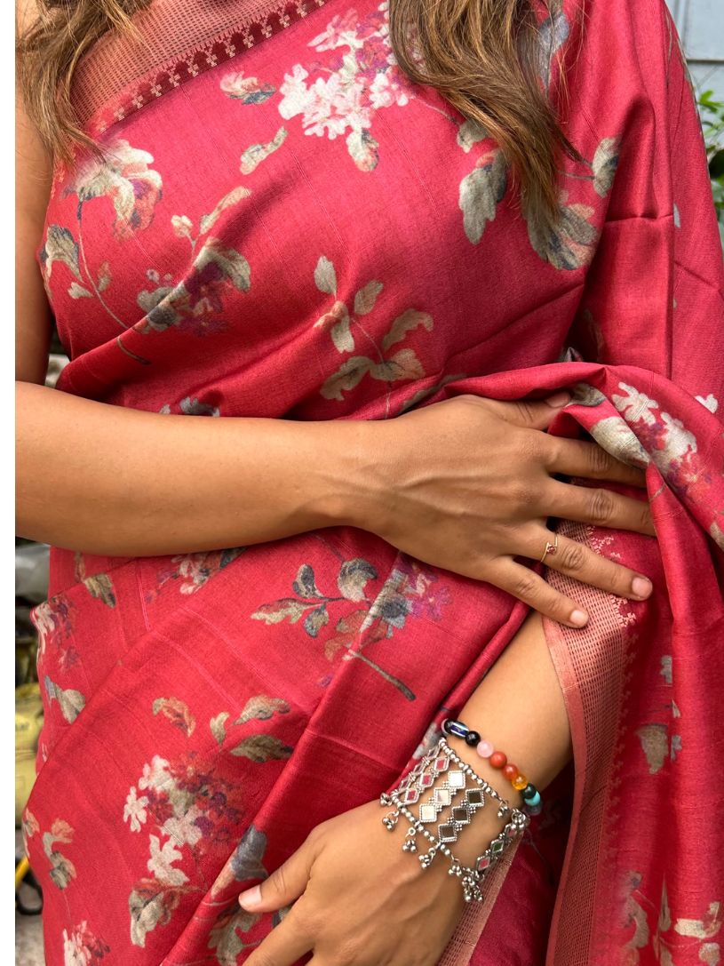 Ruby Red Soft Tussar Silk Saree