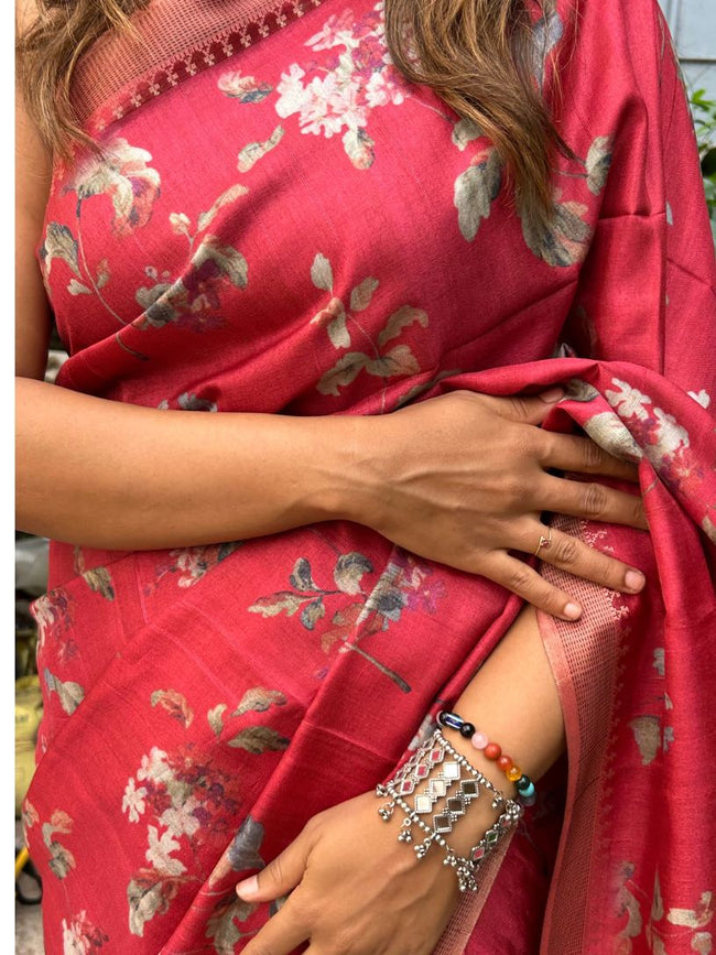 Ruby Red Soft Tussar Silk Saree Main Image