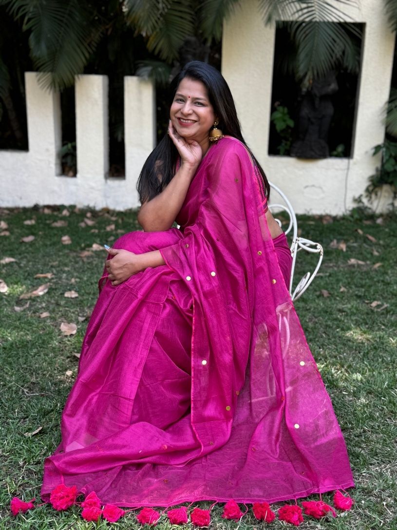 Pink tissue cotton Saree with Gold Gini Work