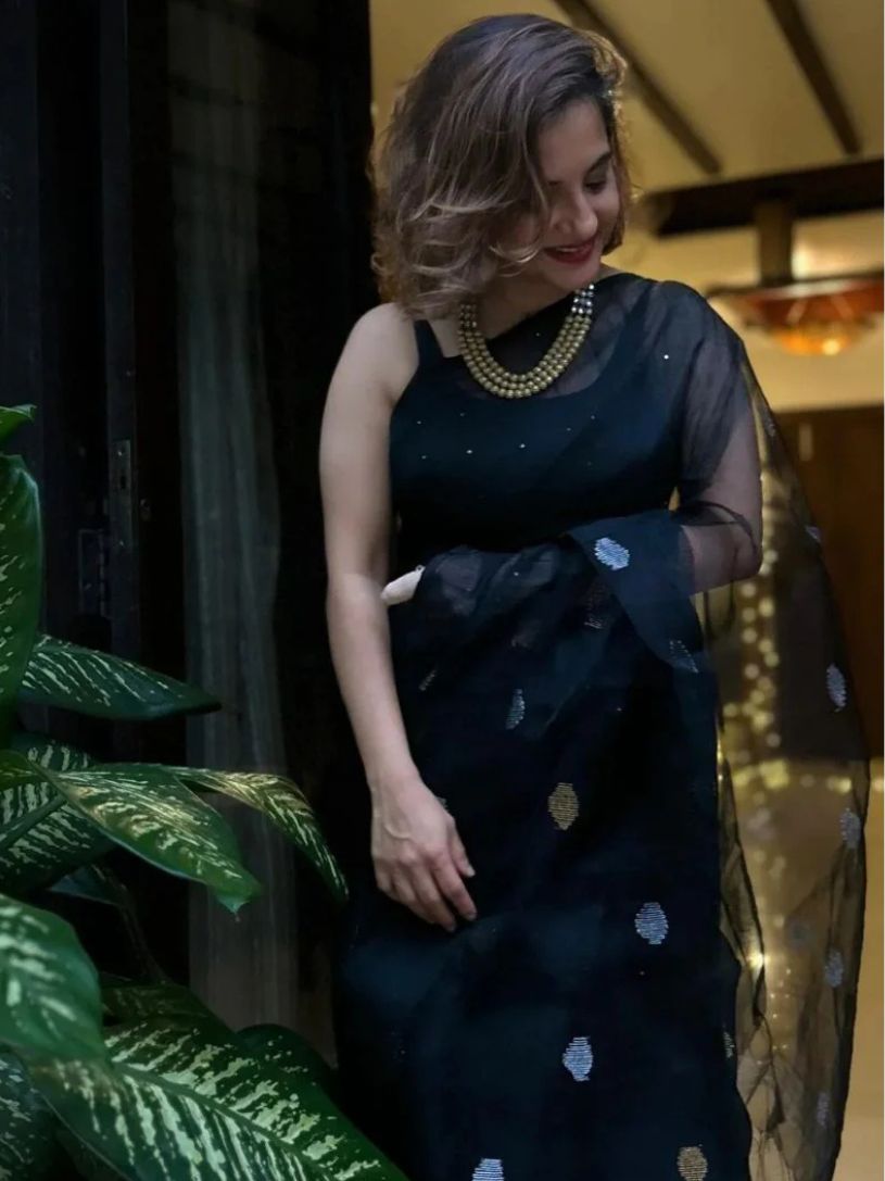 Classic Black Viscose Resham Saree With Gold Sequin Work & Organza Pallu