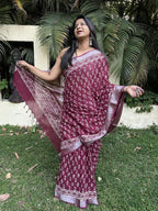 Maroon Pure Cotton Hand block Printed Formal Saree