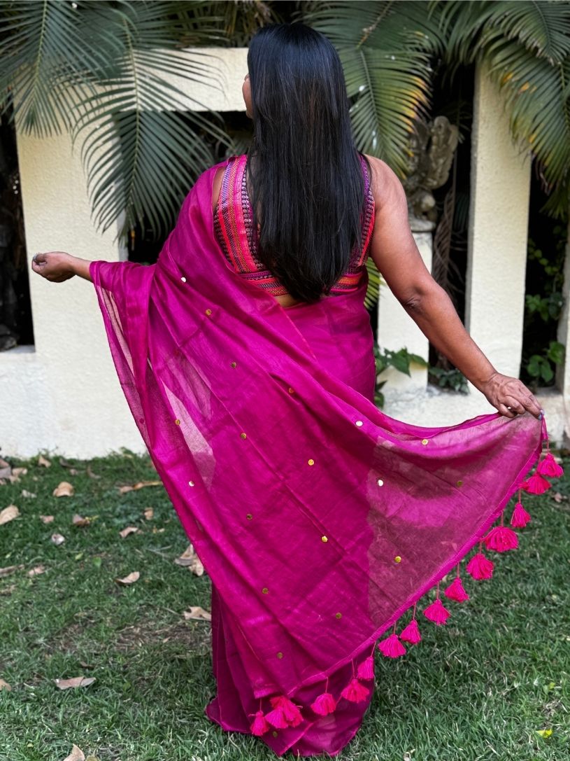 Pink tissue cotton Saree with Gold Gini Work