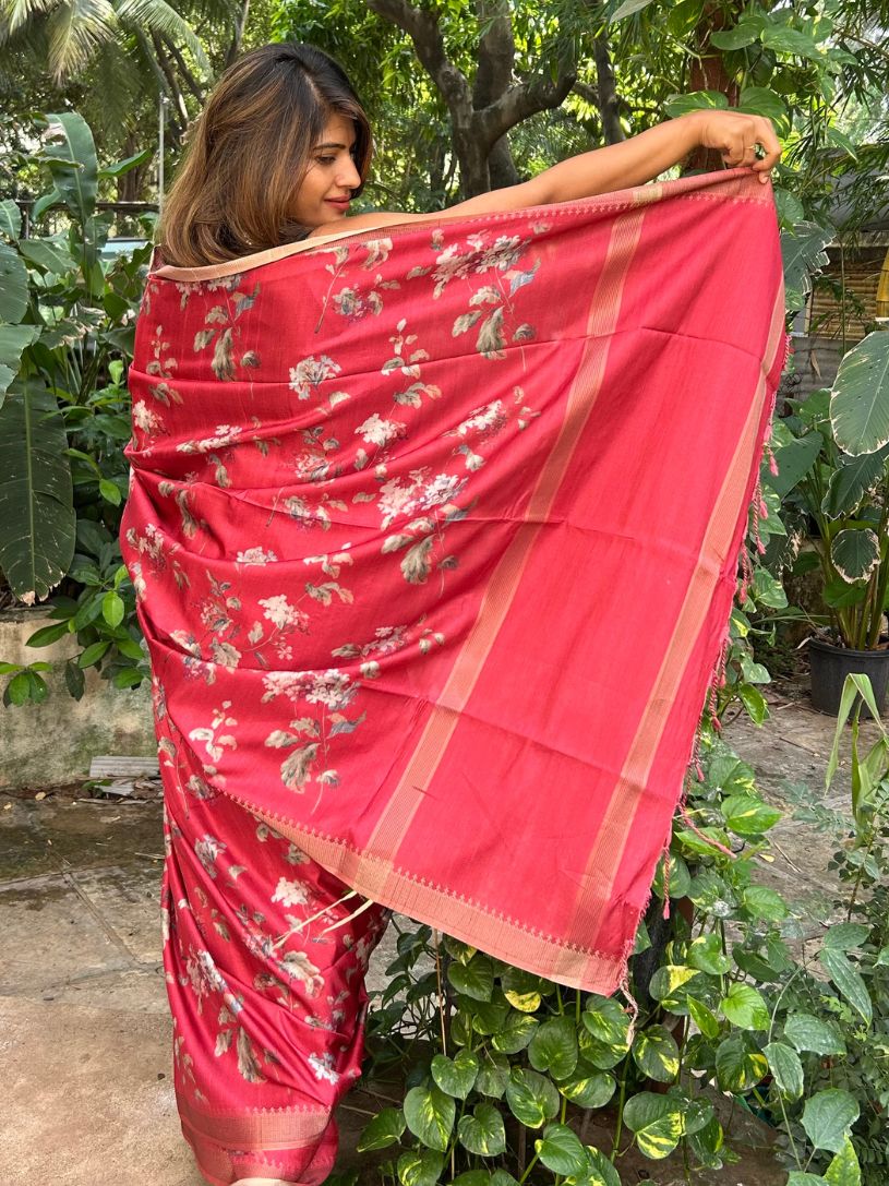 Ruby Red Soft Tussar Silk Saree