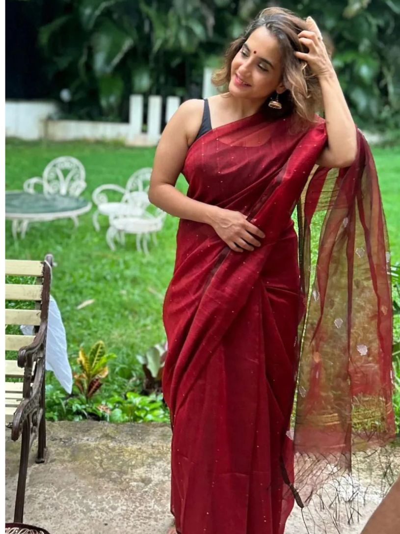 Maroon Viscose Resham Saree with Gold Sequin Work & Organza Pallu