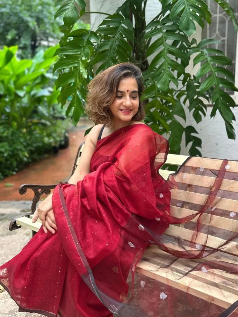 Maroon Viscose Resham Saree with Gold Sequin Work & Organza Pallu