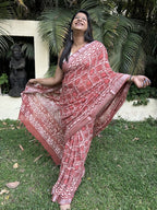Red Pure Cotton Hand block Print Formal Saree