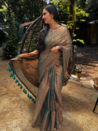 Teal Grey tissue cotton Saree with Gold Gini Work