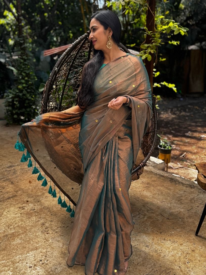 Teal Grey tissue cotton Saree with Gold Gini Work