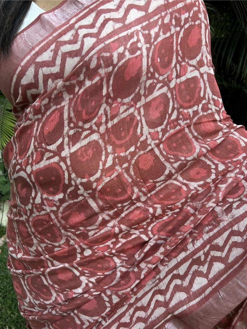 Red Pure Cotton Hand block Print Formal Saree