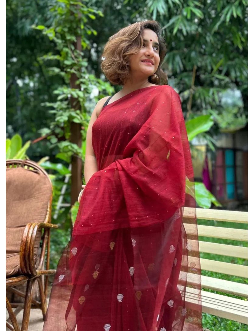 Maroon Viscose Resham Saree with Gold Sequin Work & Organza Pallu