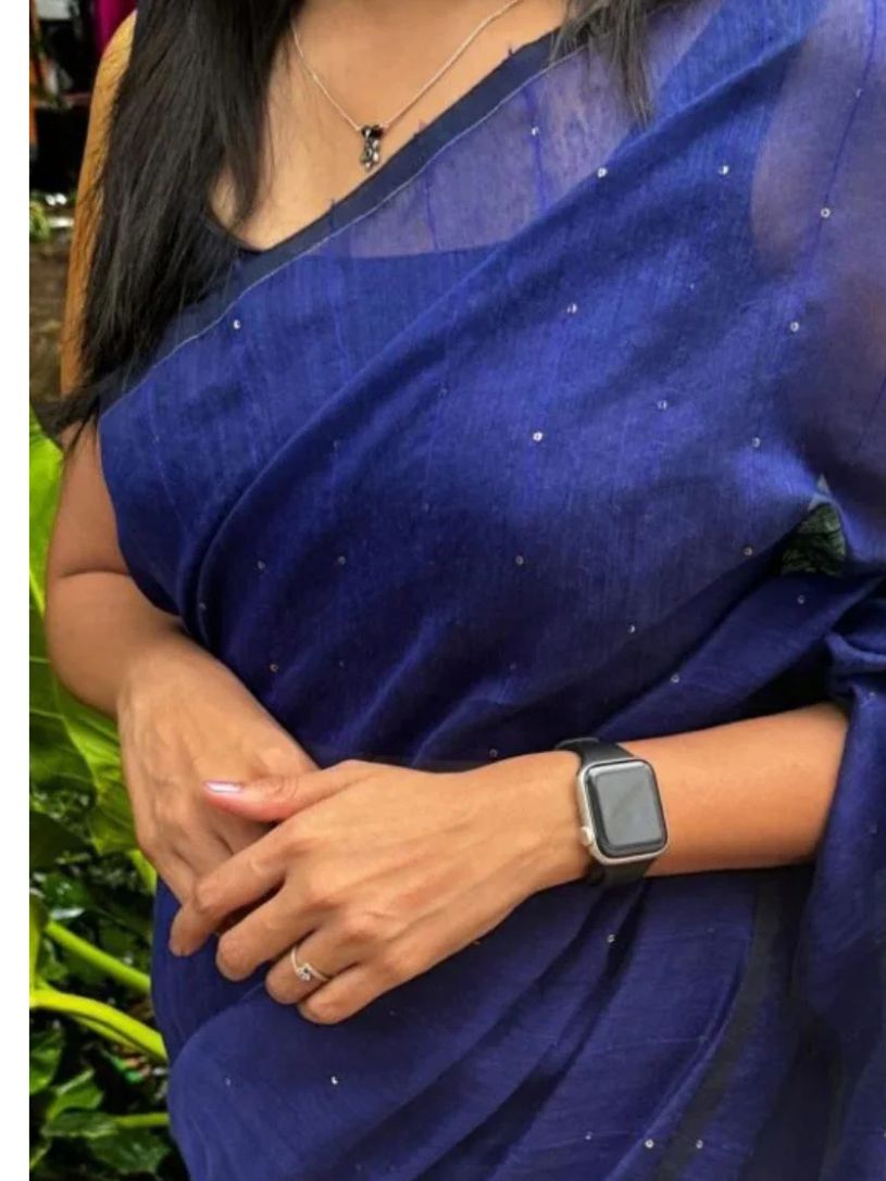 Blue Viscose Resham Saree with Gold Sequin Work & Organza Pallu