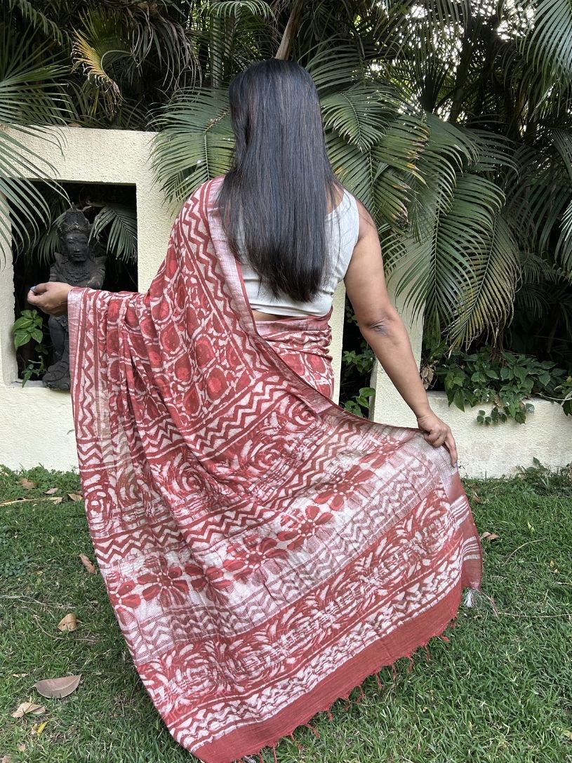 Red Pure Cotton Hand block Print Formal Saree