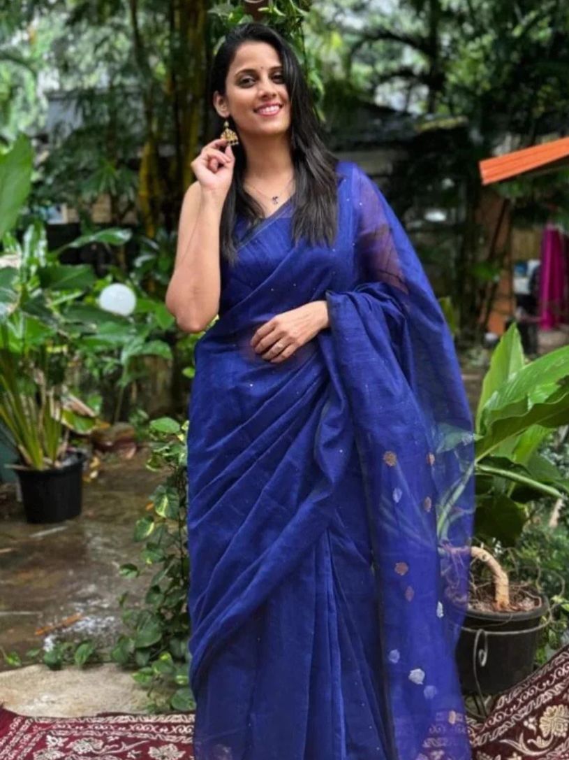 Blue Viscose Resham Saree with Gold Sequin Work & Organza Pallu