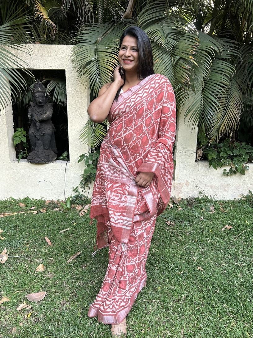 Red Pure Cotton Hand block Print Formal Saree