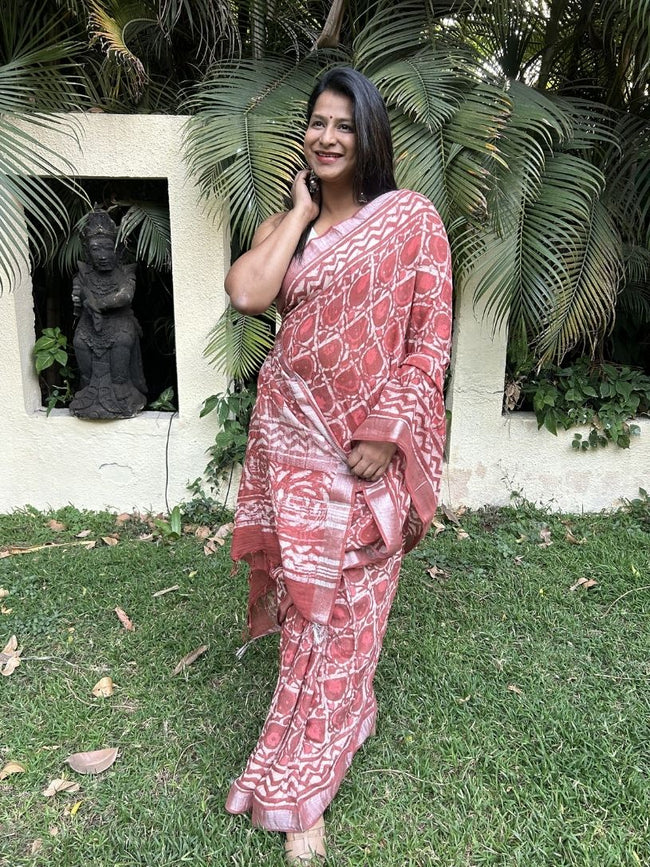 Red Pure Cotton Hand block Print Formal Saree Main Image
