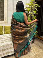 Teal Grey tissue cotton Saree with Gold Gini Work