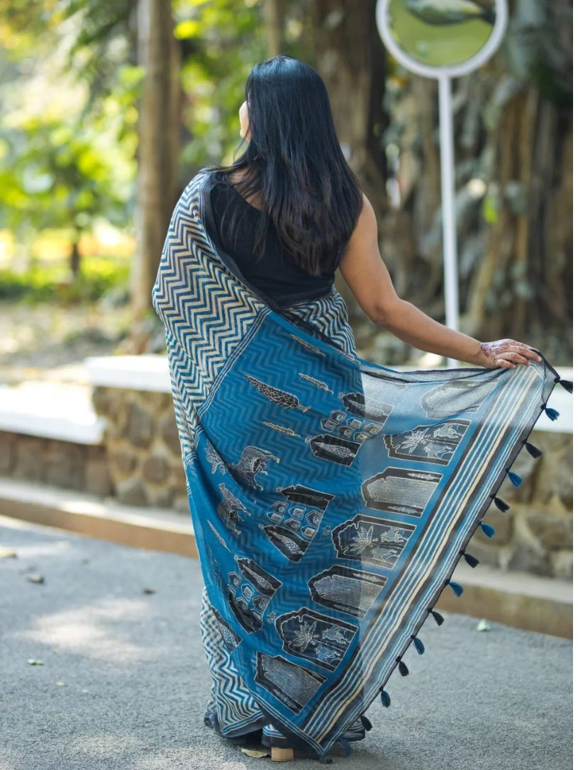 Indigo Semi Linen Saree With Chevron Print And Ajrakh Pallu