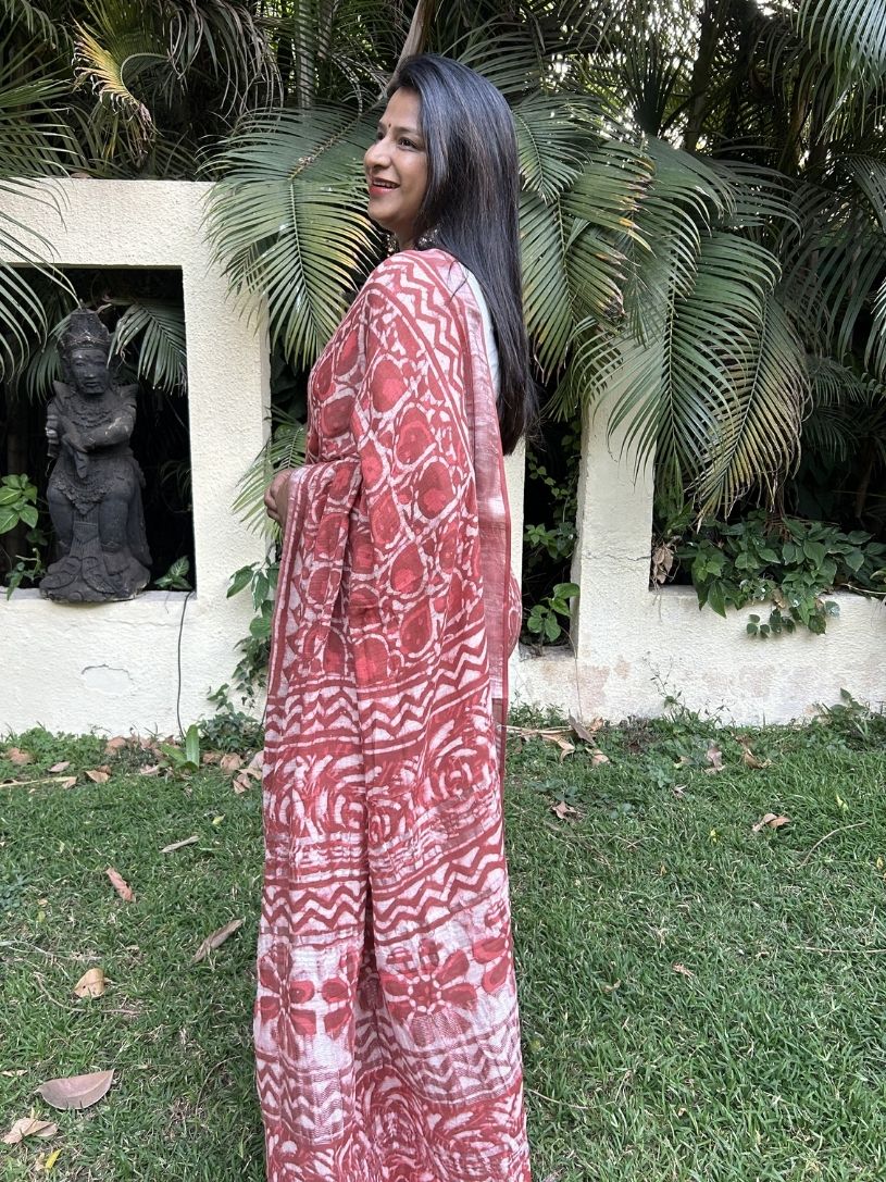 Red Pure Cotton Hand block Print Formal Saree
