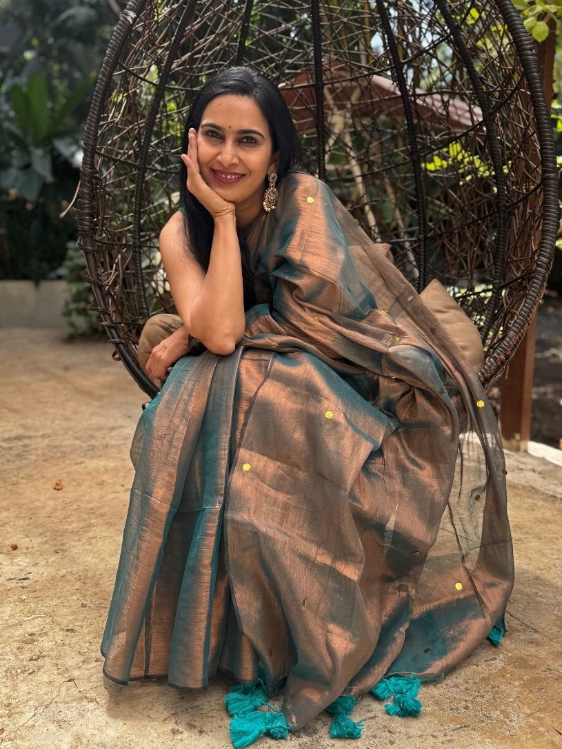 Teal Grey tissue cotton Saree with Gold Gini Work