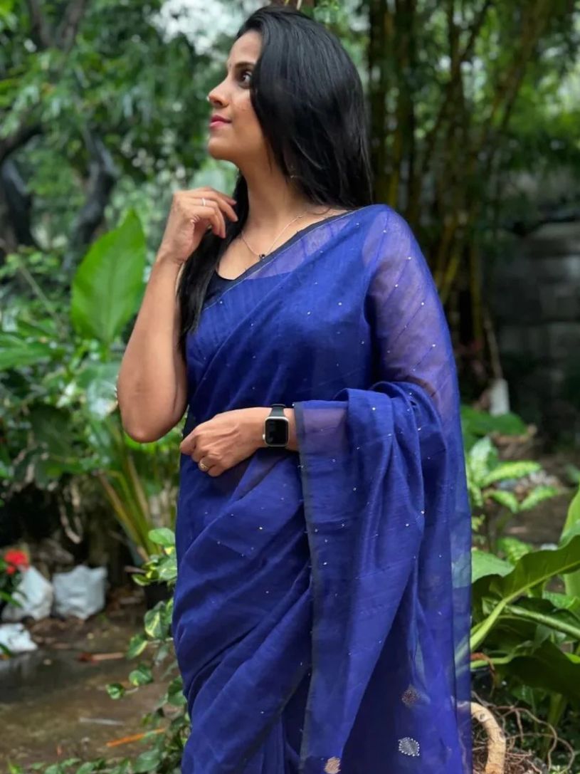 Blue Viscose Resham Saree with Gold Sequin Work & Organza Pallu