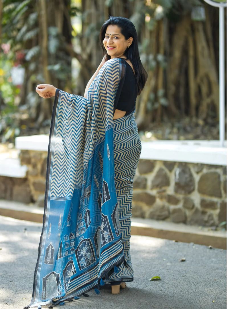 Indigo Semi Linen Saree With Chevron Print And Ajrakh Pallu