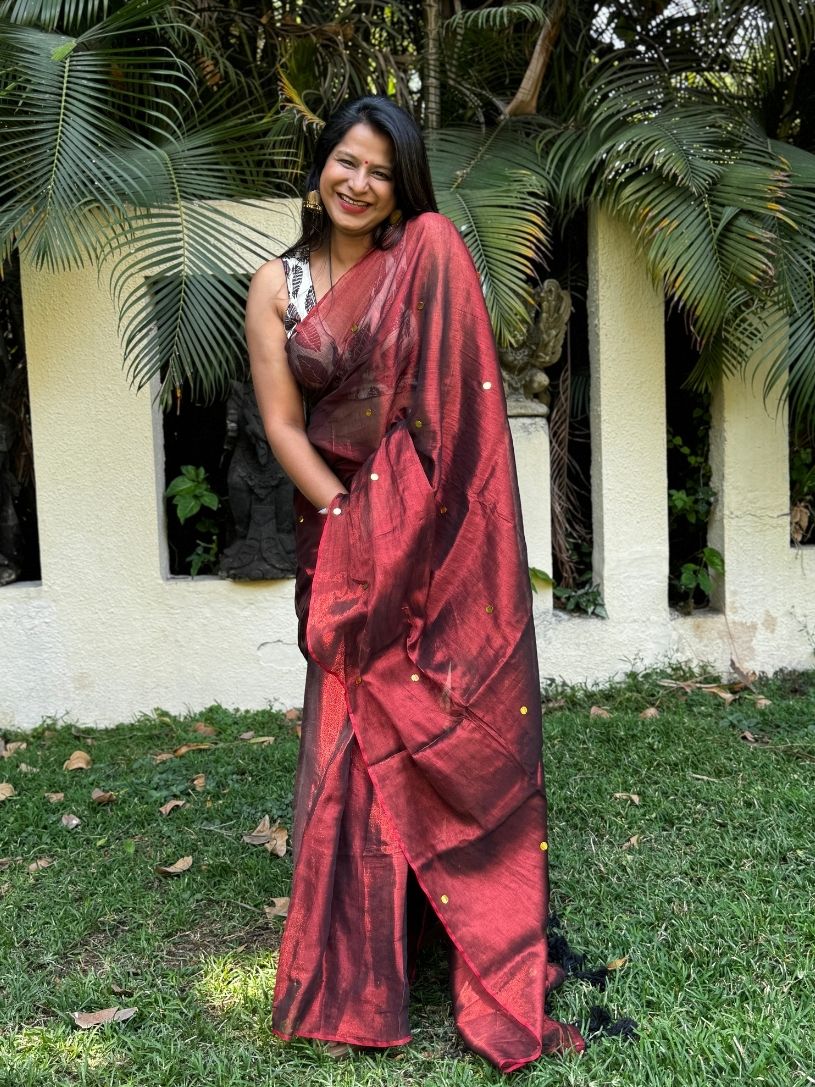 Copper tissue cotton Saree with Gold Gini Work